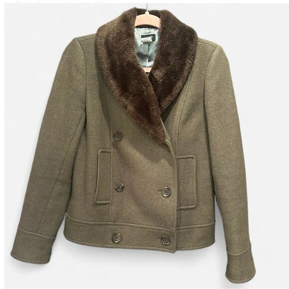 J.Crew Early 2000s Green Wool Tweed Pea Coat Faux Fur Collar Rare Heritage 0 - Picture 4 of 11
